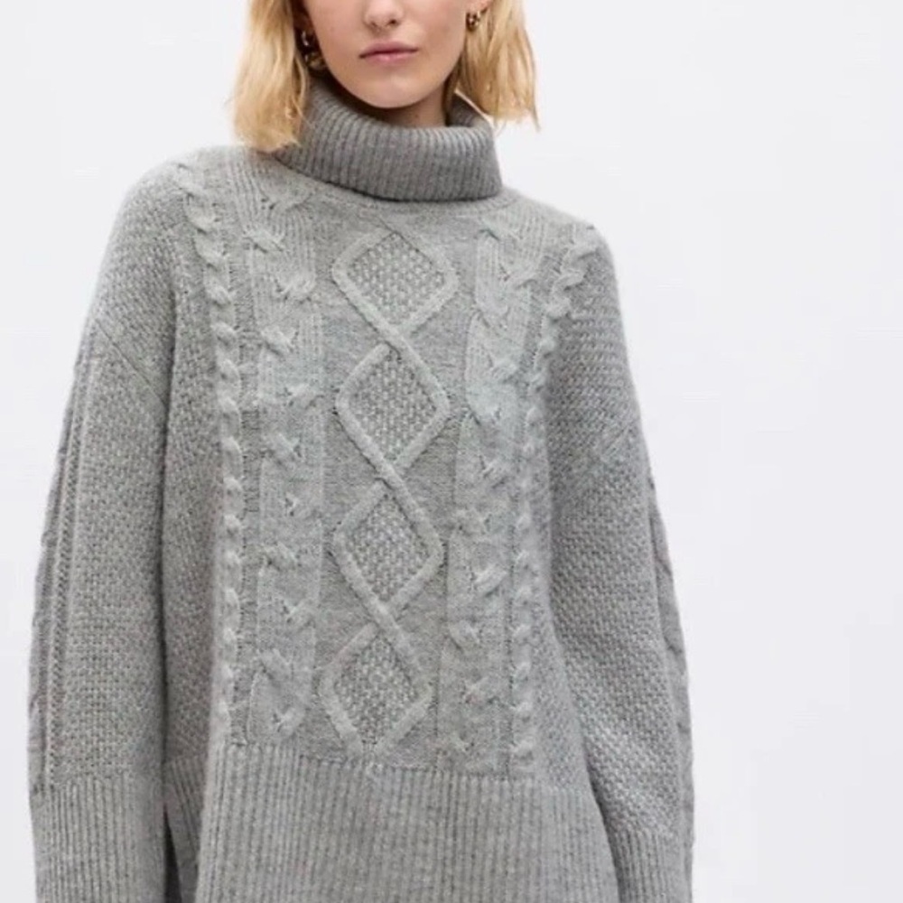 GAP Cable Knit Sweater Women’s Size XL Split Hem Heather Gray Turtle Neck Preppy